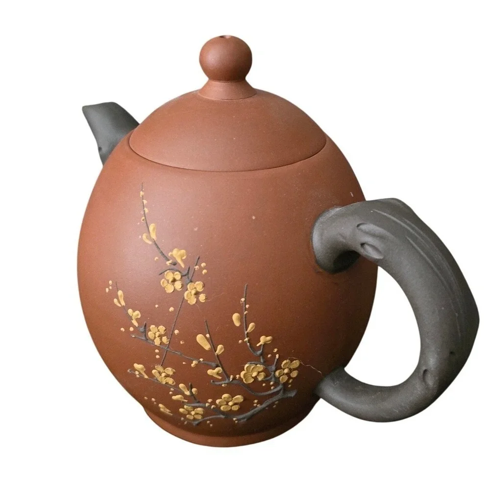 Yixing Zisha Clay Teapot Set Hand Painted Plum Blossom Branch 3pc Tea Set‎ Brown